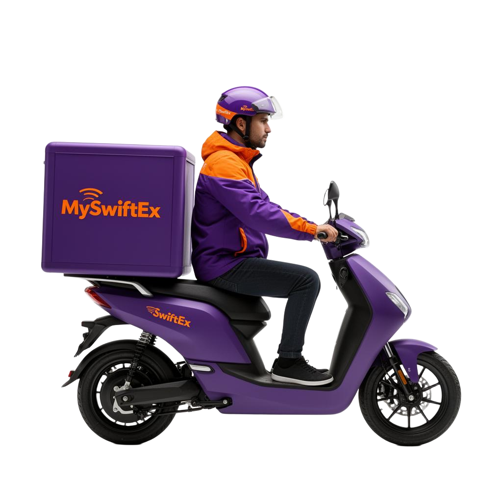 MySwiftEx delivery rider on branded scooter